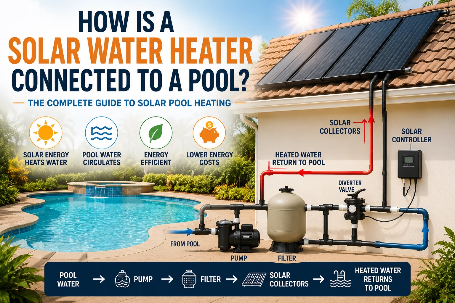 Solar pool heating system connected to a swimming pool